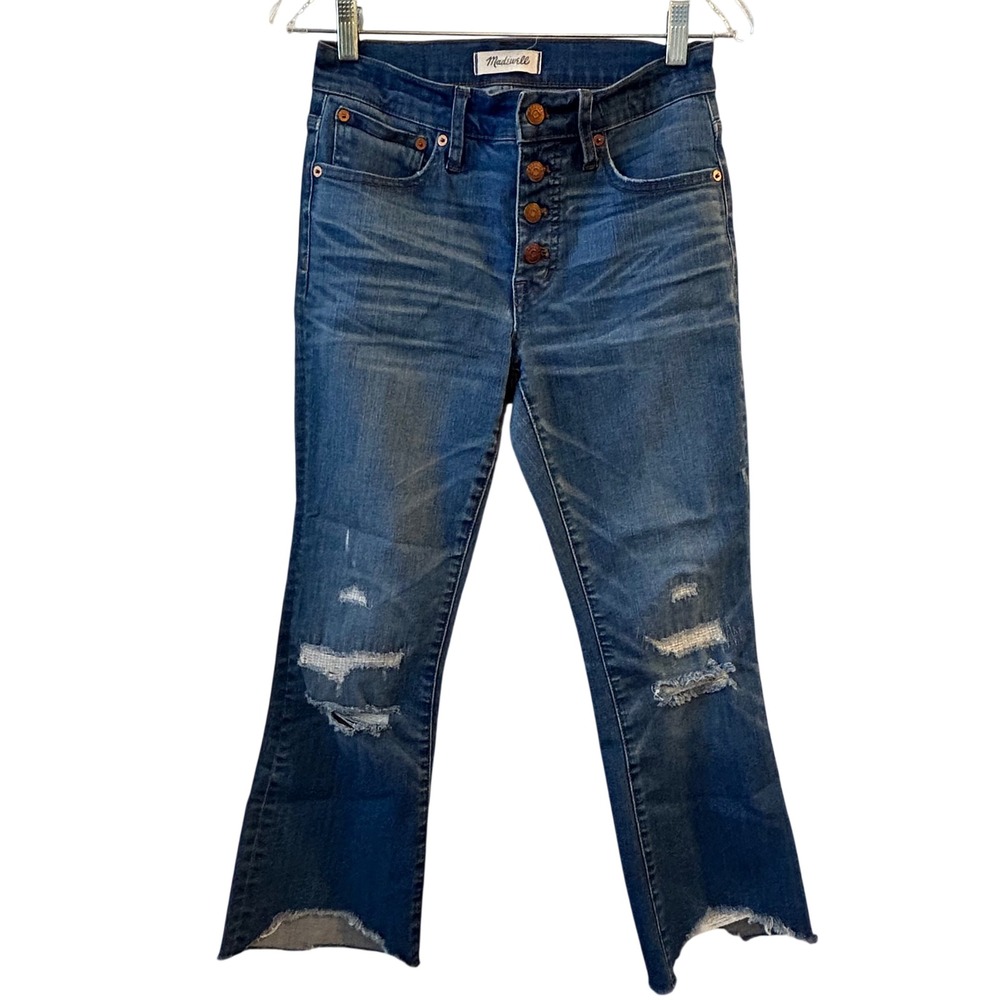 Madewell High Rise Button Fly Cropped Flare Jeans Distressed Frayed Hem Size 28